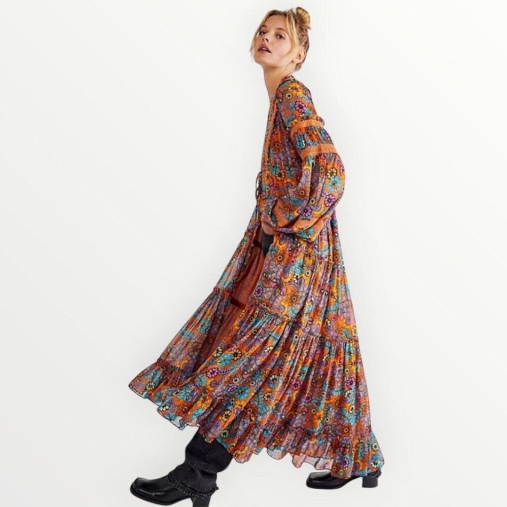 Free People Cassis Printed Pleated Chiffon Maxi Dress